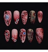 30Pcs Halloween Press on Nails Medium Almond Fake Nails with 3D Eyes Designs Horror Wound Blood S...