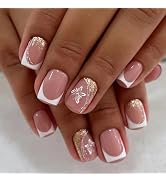 Press on Nails Short Square Fake Nails Brown Nails Press ons Glitter Glue on Nails Glossy Acrylic...