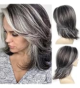 SEVENCOLORS Dark Grey Layered Wigs for Women Medium Length Gray Mixed Silver Wigs with Curtain Ba...
