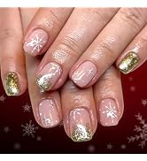 Christmas Press on Nails Short Square Fake Nails with Designs Snowflake Stick on Nail French Acry...