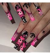 IMSOHOT Halloween Press on Nails Long Coffin Fake Nails Pink Black Acrylic False Nails with Spide...