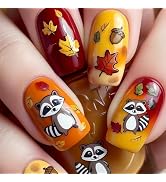 24Pcs Fall Nails Short Press on Nails Square Fake Nails with Maple Leaf Acorn Design Cute Raccoon...