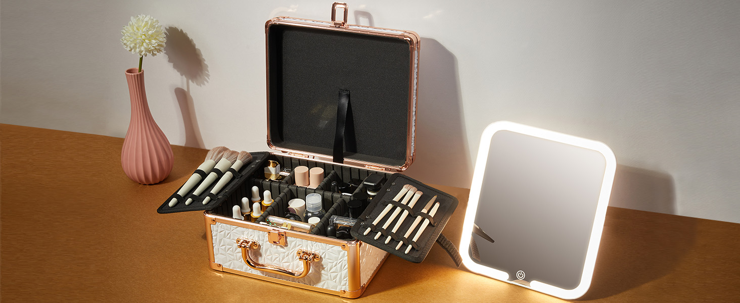 Makeup Box with Lighted Mirror,  Travel Train Case Cosmetic Organizer Makeup Suitcase  led mirror