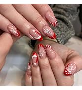 Christmas Press on Nails Medium Almond Fake Nails with Designs Snowflake Stick on Nail Red French...