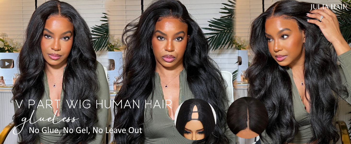 julia human hair wigs yaki straight v part for women