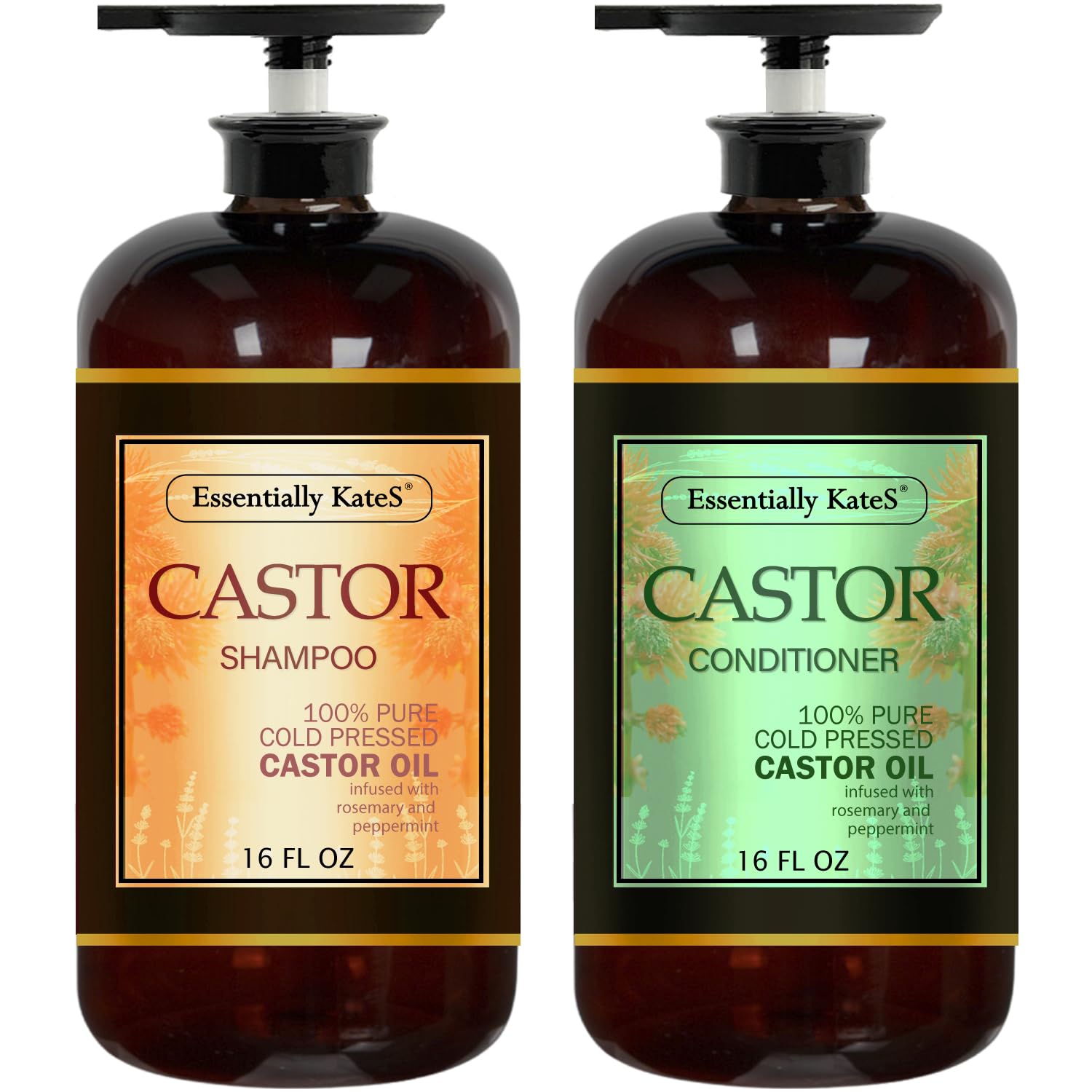 Castor Oil Rosemary Mint Shampoo and Conditioner 16 Fl Oz Set, Pack of 2 - Helps Thicker and Healthy Hair - Strengthens Scalp - Sulfate & Paraben Free, for Men Women