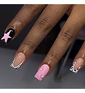 Short Press on Nails Square Fake Nails French Tip False Nails Pink Star Acrylic Nails with Cow Pa...