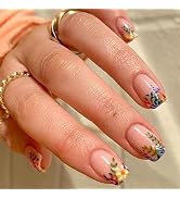 Square Press on Nails Short Cute Floral Nails Acrylic False Nails with Rainbow Flower Designs Art...