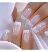 French Tip Press on Nails Short Square Nail Press ons Chrome Fake Nails with Design Glossy Glue o...