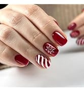 Christmas Red Press on Nails Short Square Fake Nails with Designs Snowflake Stick on Nail Stripe ...