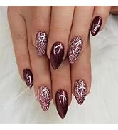 MISUD Press on Nails - Medium Almond Fake Nails with Burgundy, Acrylic Bling Glitter Design 24 pcs