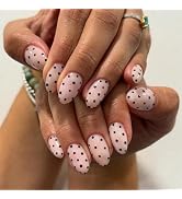 MISUD Press on Nails - Short Oval Fake Nails, Acrylic Black Polka Dot Design 24 pcs