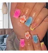24 Pcs Spring Press on Nails Short Square,YIHONGYAN Pink 3D Water Ripples Flowers Fake Nails Pres...