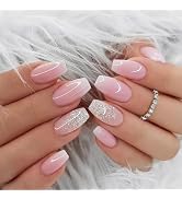Short Press on Nails Coffin Cute Glitter Sequins Fake Nails Pink Gradient Acrylic Nails Press ons...