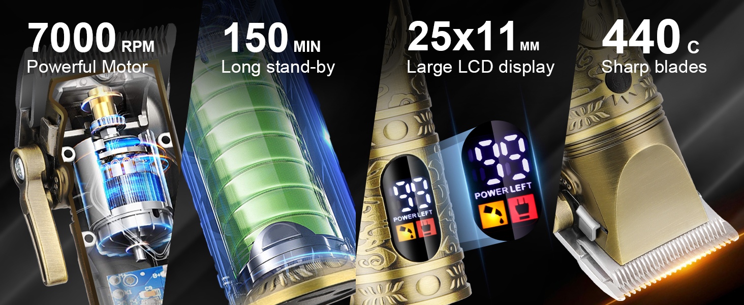 7000 RPM Powerful Motor 150MIN Long stand-by MM Large LED display 440c Sharp blades