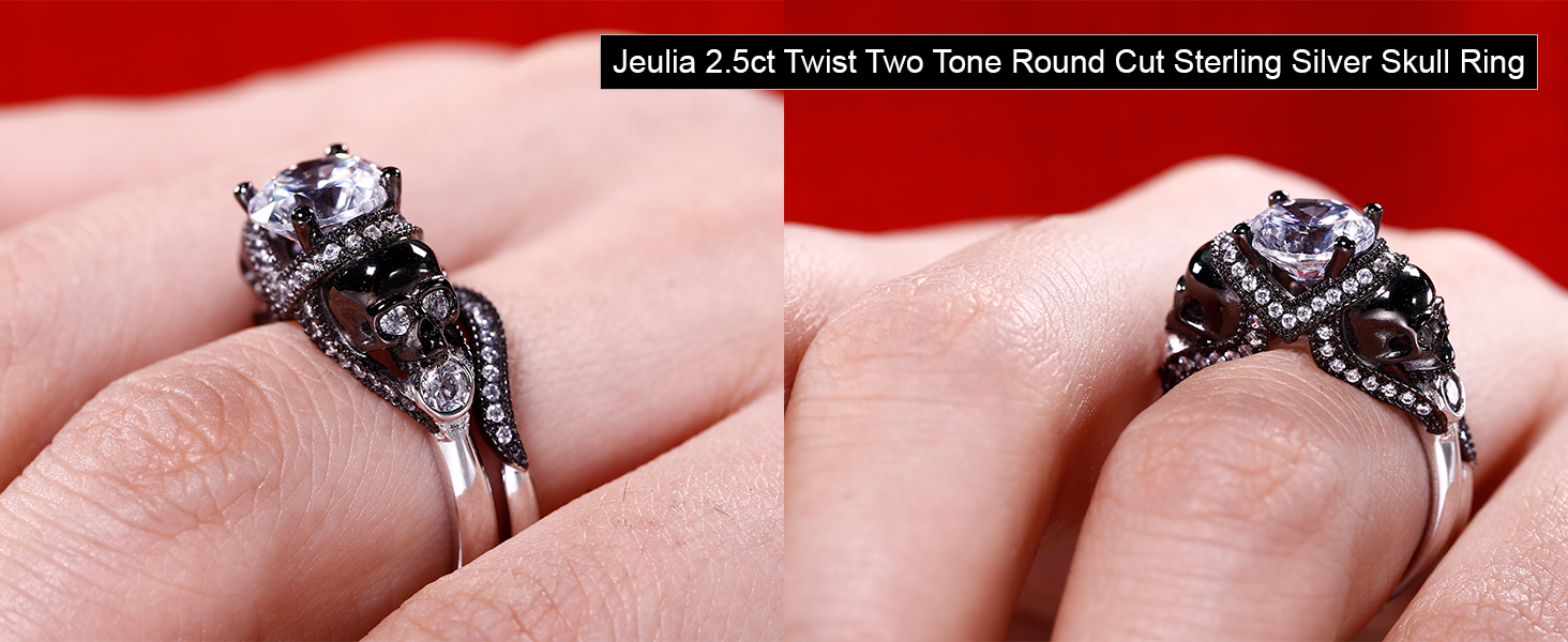 Jeulia Twist Two Tone Round Cut Sterling Silver Skull Ring