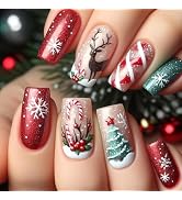 Christmas Press on Nails Medium Long Square Fake Nails with Designs Xmas Tree Stick on Nail Snowf...