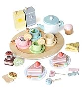 Wooden tea set toy with pastel-colored pieces including cups, saucers, teapot, and cake slices on a circular tray.