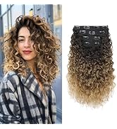 FLUFYMOOZ 4PC Clip in Hair Extensions, 14 Inch 100％ Pure Protein Silk Short Hairpiece Deep Curly ...