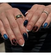 IMSOHOT Oval Press on Nails Short Fall Fake Nails Blue Ombre, Brown Amber Designs Glossy Round Ac...