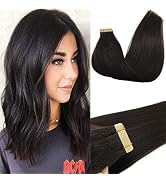 GOO GOO Tape in Hair Extensions Human Hair, 1B Natural black, 20inch 50g 20pcs, Thick Ends Straig...