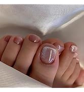 24 Pcs Glitter Press on Toenails Short Square Fake Toe Nails with Glue Nude Full Cover False Toen...