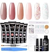 Gellen Poly Nail Gel Kit, 6 Colors Poly Nail Extension Gel Kit With Slip Solution Nude Pink Glitt...
