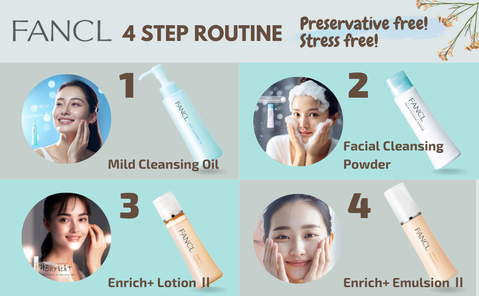 FANCL facial skincare recommendation, 4 step routine, preservative free, stress free, sensitive skin