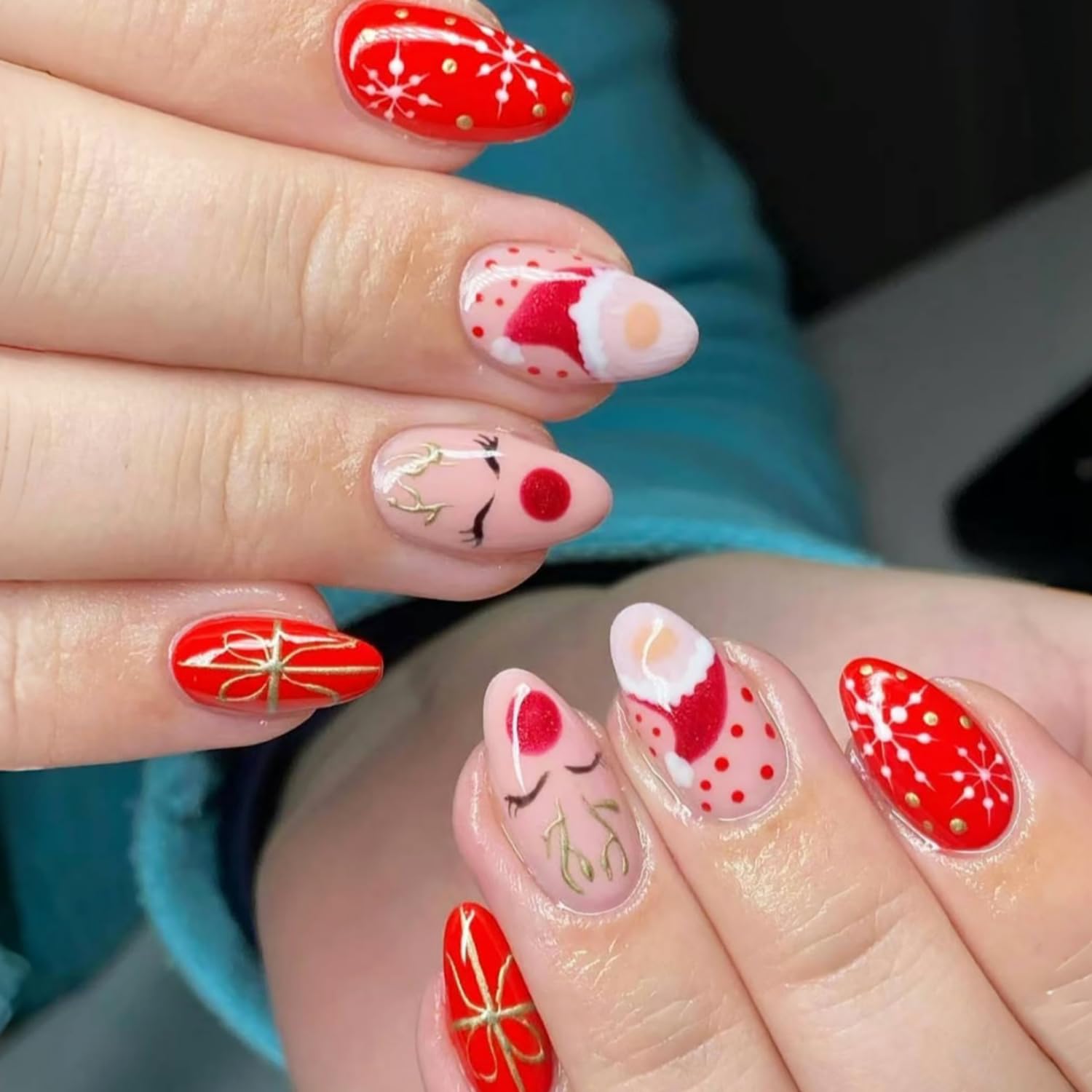 Christmas Press on Nails Medium Fake Nails Full Cover Santa Claus Elk Cute False Nails Round Head Almond Acrylic Nails Glossy Winter Glue on Nails for Women Girls Christmas Nail Decorations 24Pcs