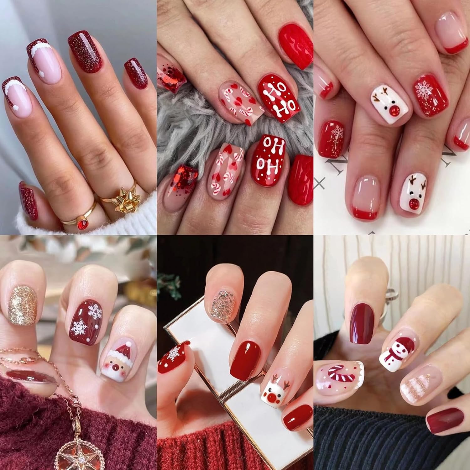 Christmas Press on Nails Medium Short Square, Snowman Fake Nails with Design Candy Cane Xmas Tree Acrylic False Nail Kits Stick Glue on Nails Sets for Women Full Cover Nails for New Year Gift 24Pcs