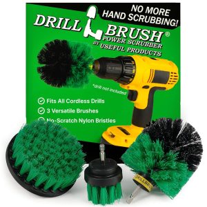 Cleaning Brush Set - 5-inch Medium & Stiff Bristle Drill-Powered Brushes - Green & Red - Kitchen, Tile, Floor & Outdoor Use - Stainless Steel Handle - Nylon Bristles