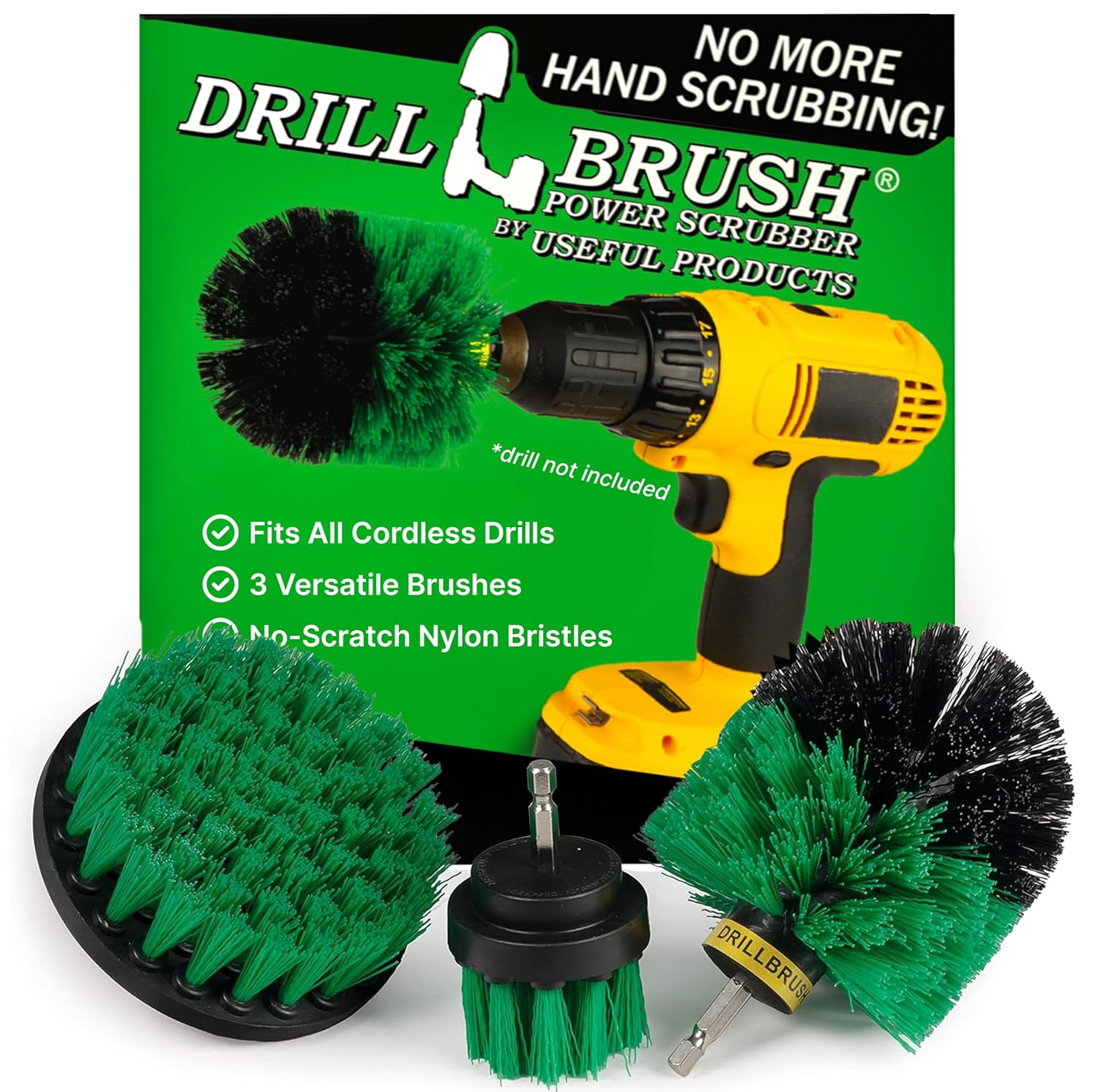 Cleaning Brush Set - 5-inch Medium & Stiff Bristle Drill-Powered Brushes - Green & Red - Kitchen, Tile, Floor & Outdoor Use - Stainless Steel Handle - Nylon Bristles