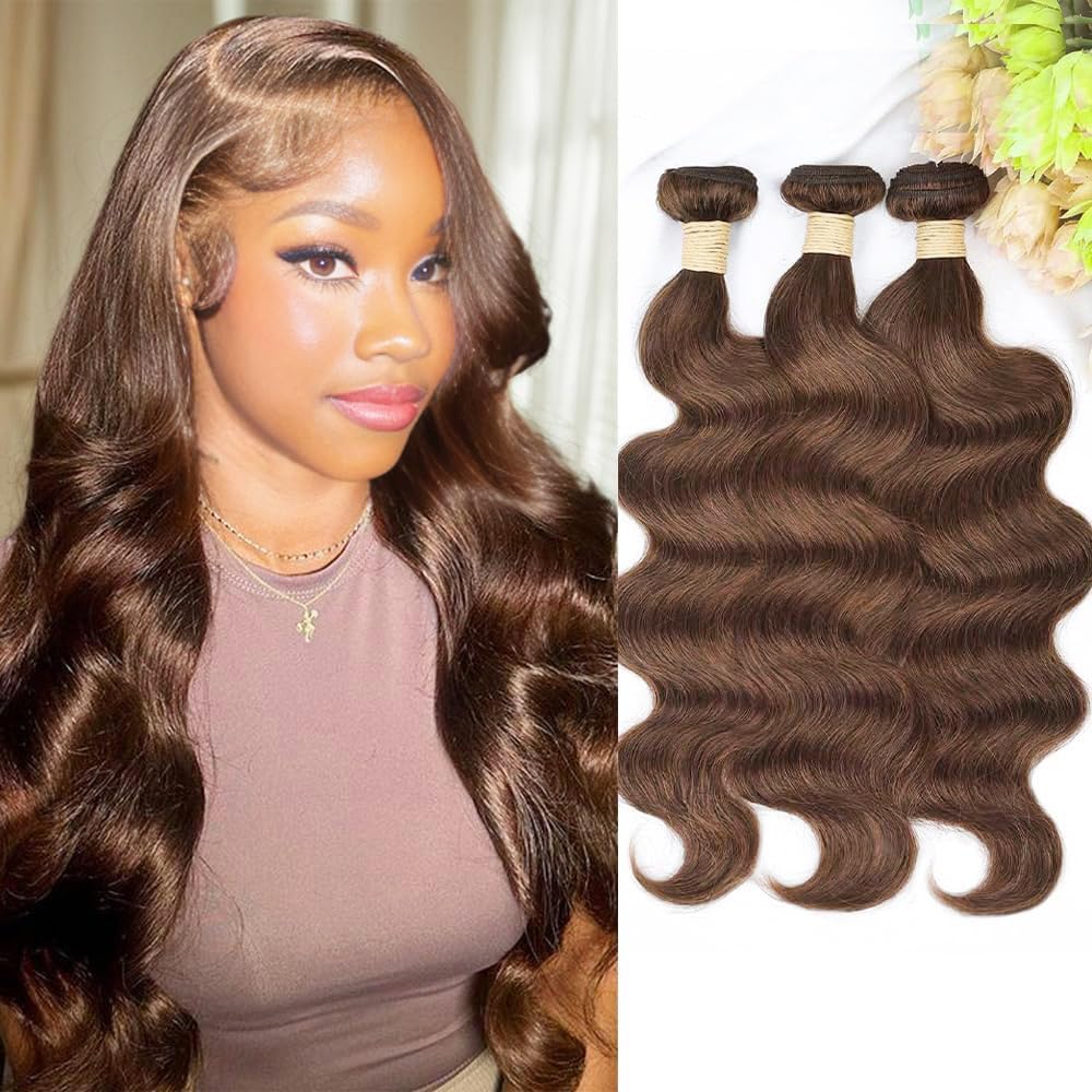 Color 30 Body Wave Bundles Human Hair Light Brown Bundles Brown Human Hair Bundles 16 18 20 inch Double Weft Brazilian Human Hair Silky Soft Weave Extensions For Black Woman