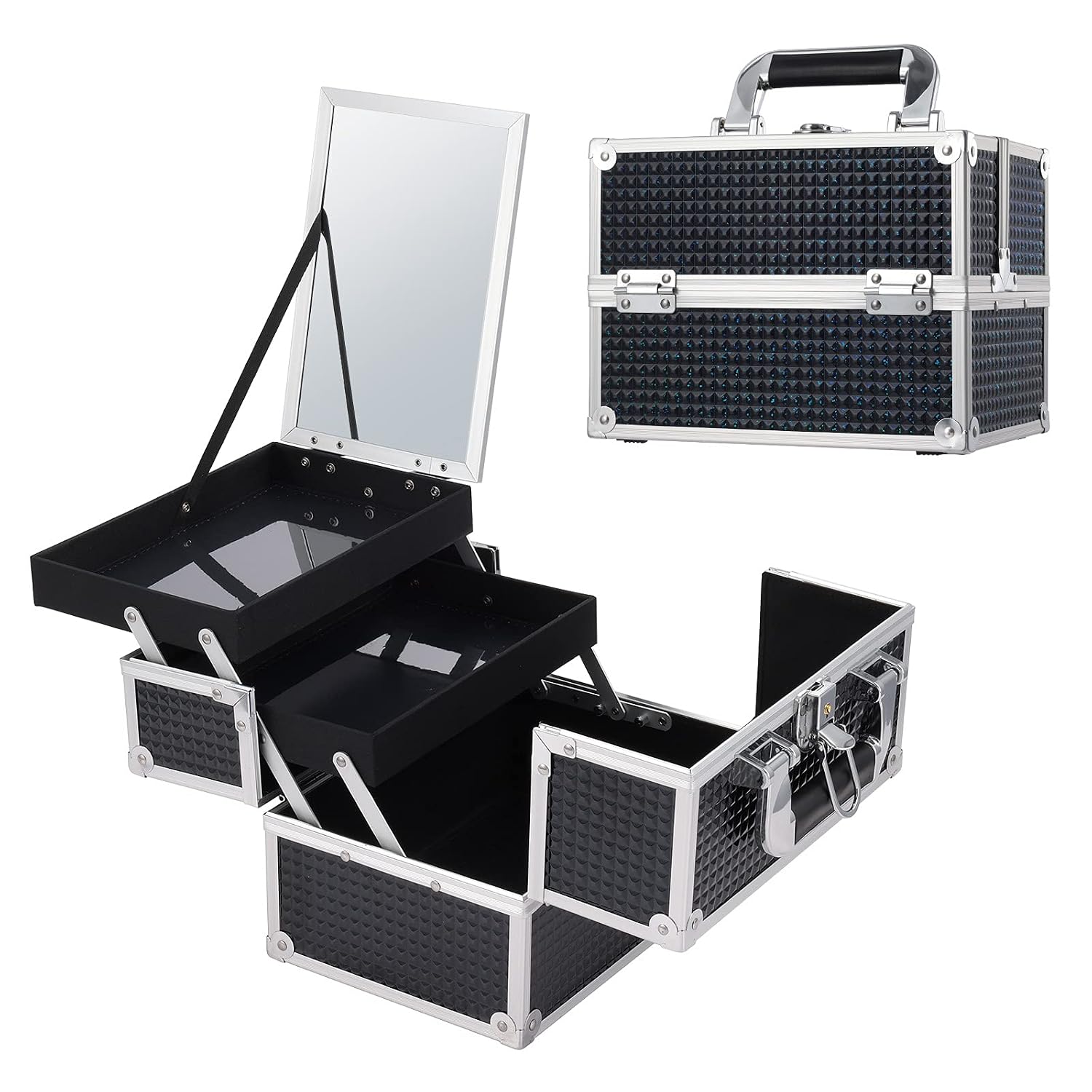 Costravio 11.8 Inch Black Makeup Train Case with 2 Drawers and Large Mirror