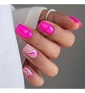Hot Pink Press on Nails Short Square Fake Nails Full Cover False Nails with Design Bling Glitter ...