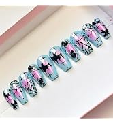 30Pcs Halloween Press on Nails Medium Square Fake Nails with 3D Spider Designs Scary Bat False Na...