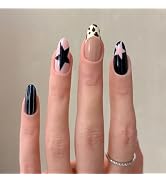 MISUD Press on Nails - Medium Almond Fake Nails with Pink Black, Acrylic Y2K Star Design 30 pcs