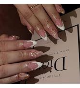 White French Tip Nail Press ons Gold Fake Nails 3D Flower Glue on Nails Glossy Reusable Artificia...