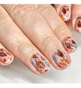 Maple Press on Nails 24 Pcs Fall Leaves False Nails Glossy Brown Pine Cones Acrylic Fake Nail Cut...