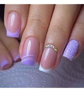 Purple Press on Nails Medium Square Fake Nails French Tip with Glitter Design Rhinestone Glue on ...