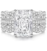 Jeulia 3pcs 6.9ct Radiant Cut Moissanite Rings for Women; Silver Diamond Wedding Rings for Women ...