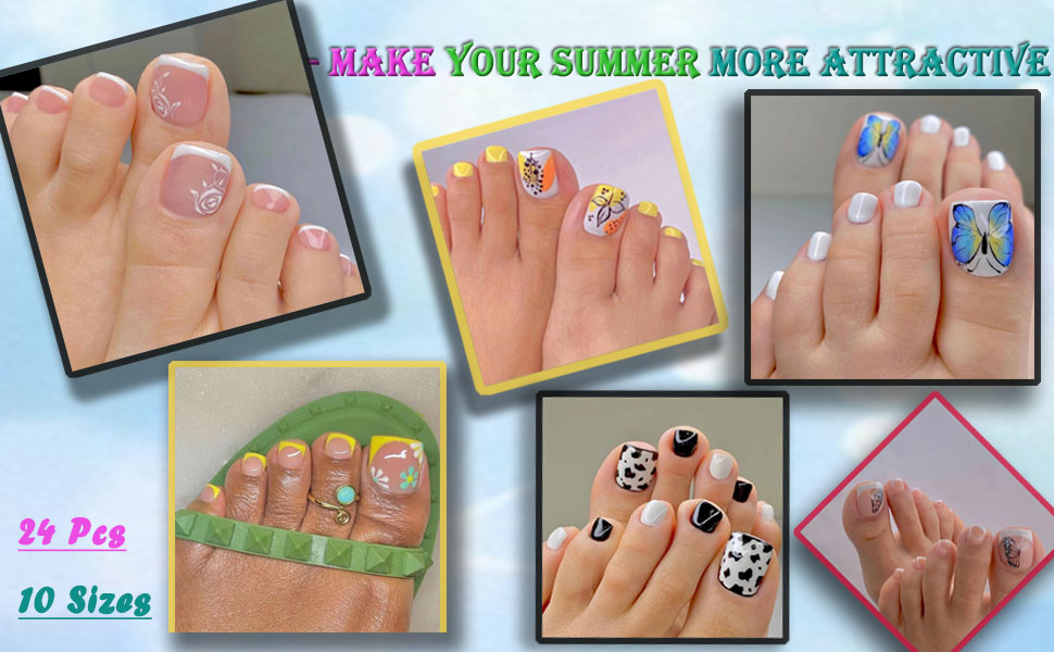 24 PCS Fake toenails for women 10 sizes