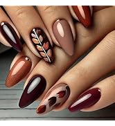 MISUD Press on Nails - Medium Almond Fake Nails with Fall Brown, Acrylic Autumn Leaf Design 24 pcs