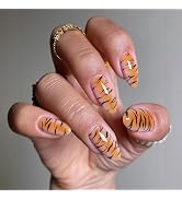 MISUD Press on Nails - Medium Almond Glue on Nails with Orange Ombre, Acrylic Tiger Print Design ...