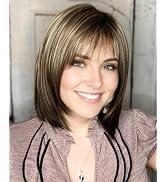 RENERSHOW Brown Highlight Short Pixie Bob Wig with Bangs Layered Brown Mix Blonde Wigs for Women ...