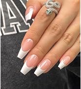 Artquee French Press on Nails Long Supremely Fit Pink White Fake Nails Coffin Artificial Acrylic ...