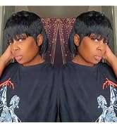 QiaQiaRing Mullet Human Hair Wigs for Black Women Mullet Short Layered Pixie Cut Bob Wigs With Ba...