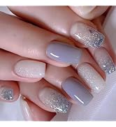 IMSOHOT Medium Coffin Press on Nails Blue Purple Gradient Fake Nails with Glitter Designs White A...