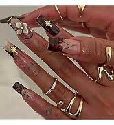 24Pcs Long Coffin Press on Nails Handmade Fake Nails Brown French Tip False Nails with 3D Flower ...