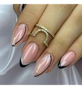 Black French Tips Press on Nails Medium Almond False Nails with Silver Glitter Design Black Curve...